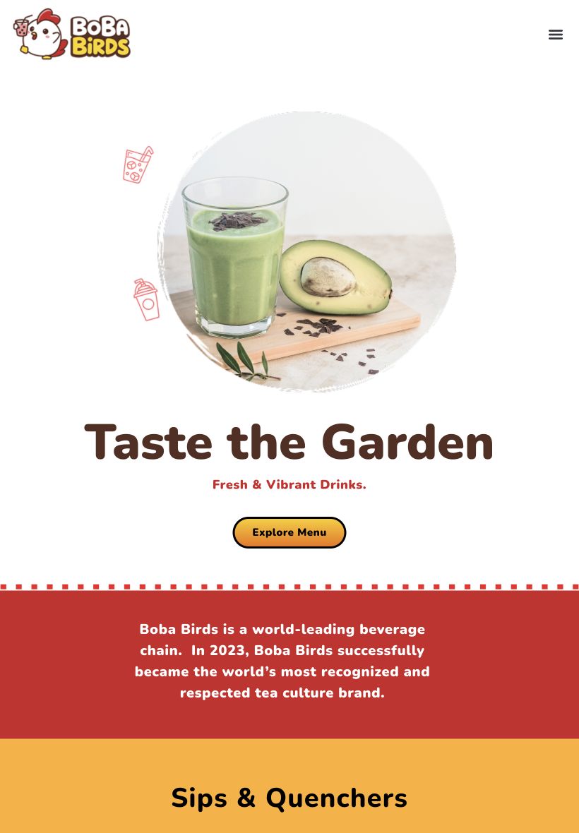 Boba Birds tablet website layout