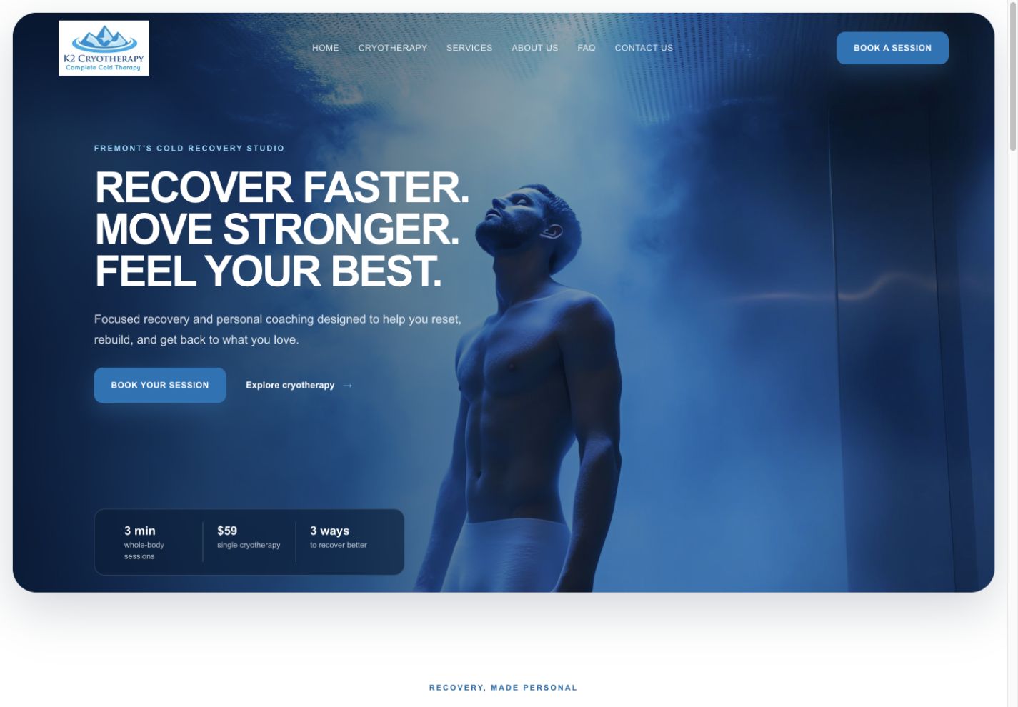 K2 Cryotherapy desktop website layout
