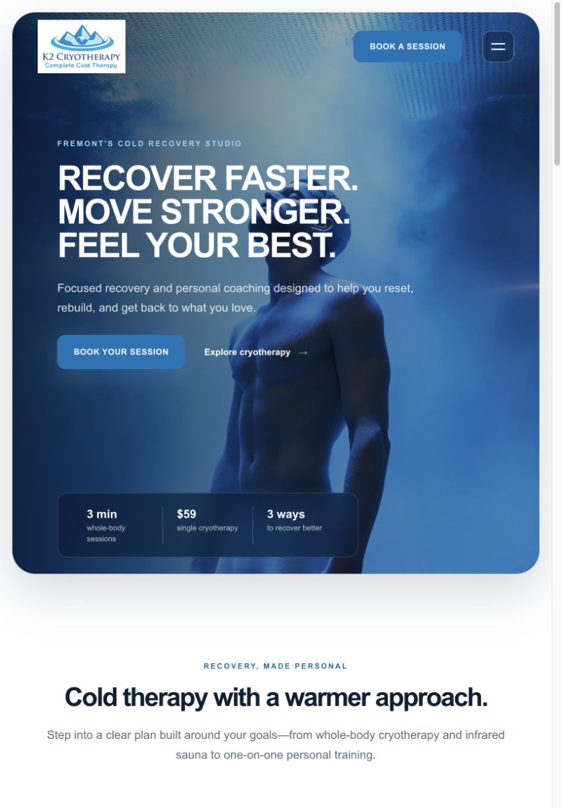 K2 Cryotherapy tablet website layout