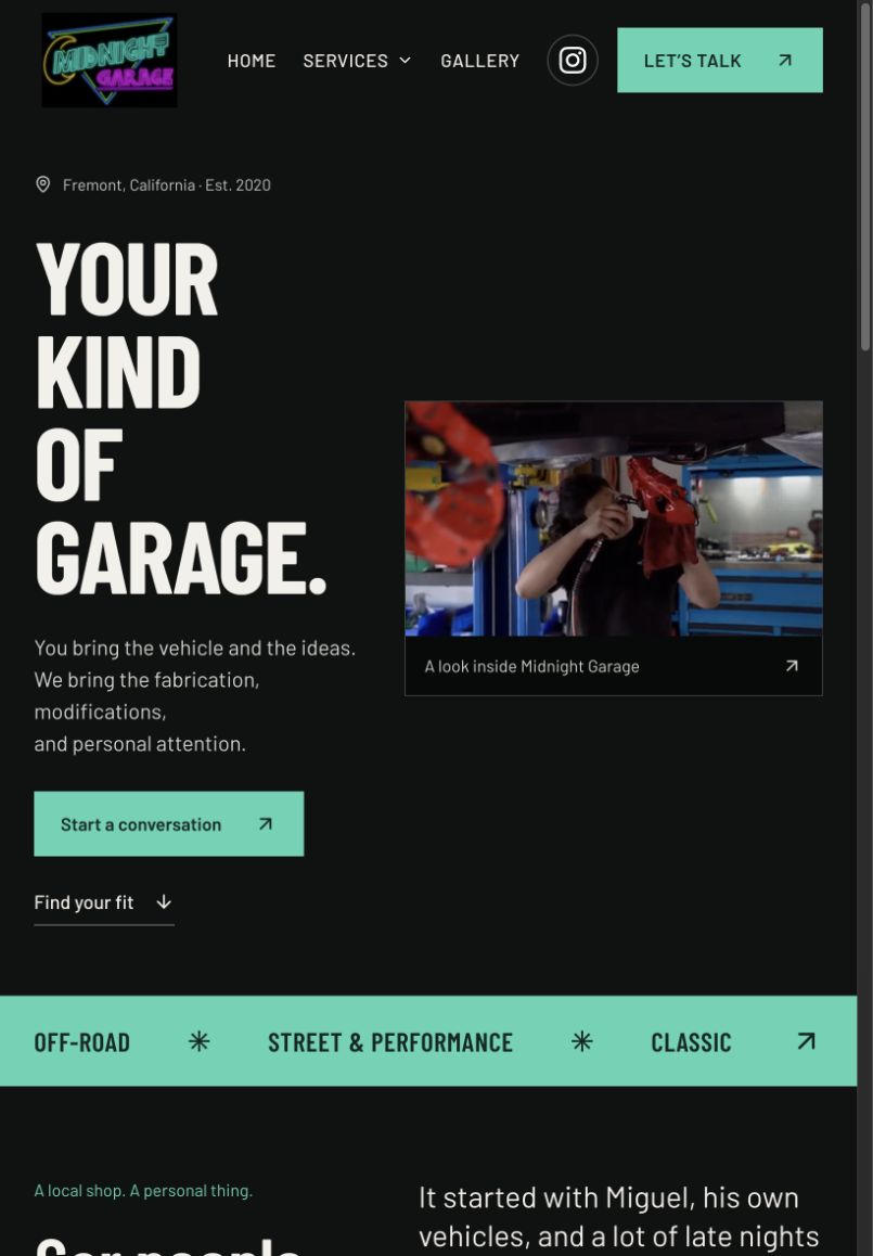 Midnight Garage tablet website layout